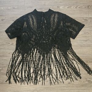 SHEIN Black Lace Fringe Crop Top